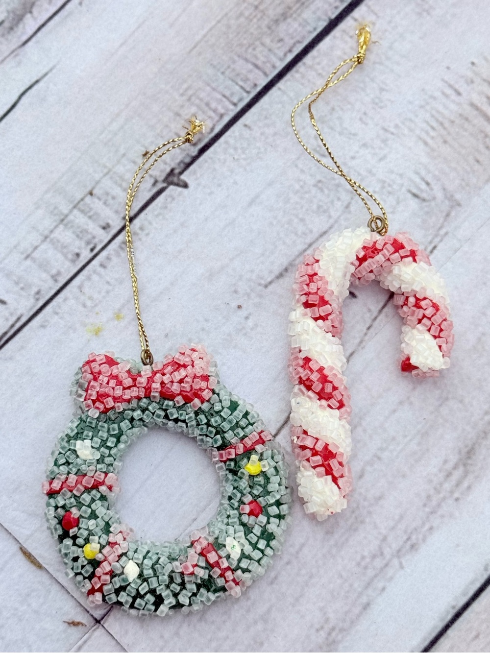 Vintage Beaded Holiday Wreath & Candy Cane Ornaments Green, Red, White